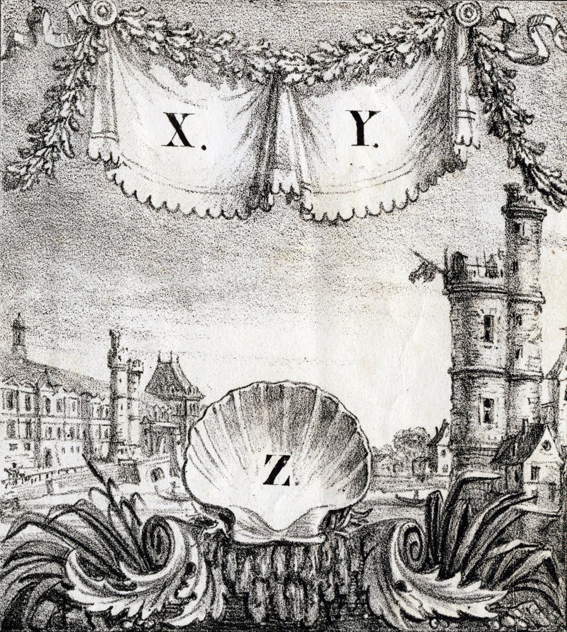 X、Y、Zの文字：1500年のパリ - "Alphabet Picturesque des Monumens de Paris" 1840年頃（エングレーヴィング） 作： フランス語学校