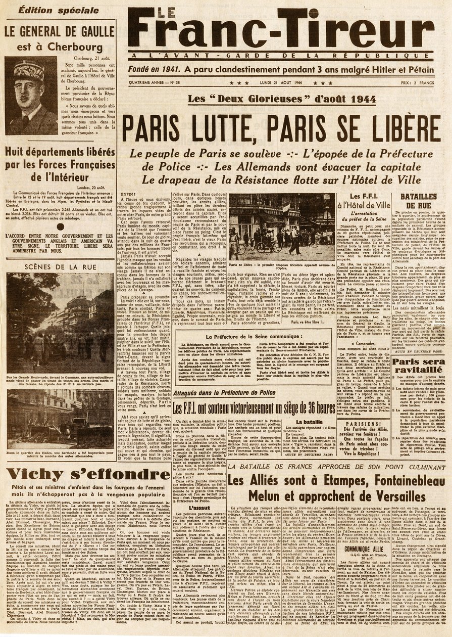 パリの解放 - 1944年8月21日付フラン・ティロワ第38号 - Paris lutte, paris ce liberere 作： フランス語学校