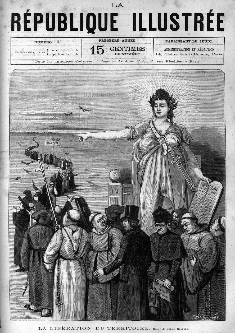 領土の解放：フランス共和国は、ジュール・フェリーが下した1880年3月の政令に従い、無許可の宗教集会をフランス領土から追放し、教える権利を奪いました。新聞。La re」に掲載された1880年のエングレーヴィング 作： フランス語学校