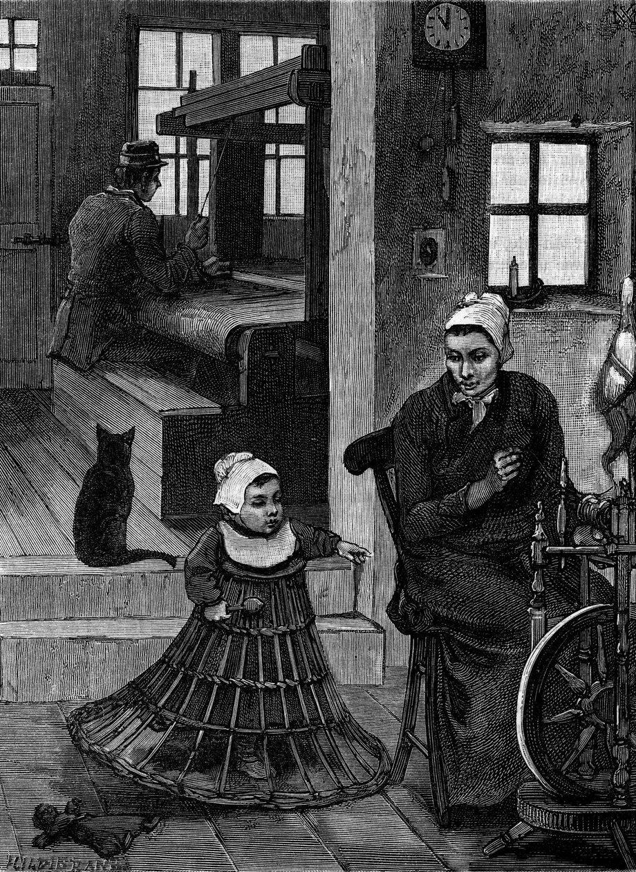 Linen: Weaver interior with weaver and spinning wheel."Le Journal de la jeunesse "に掲載された版画 作： フランス語学校