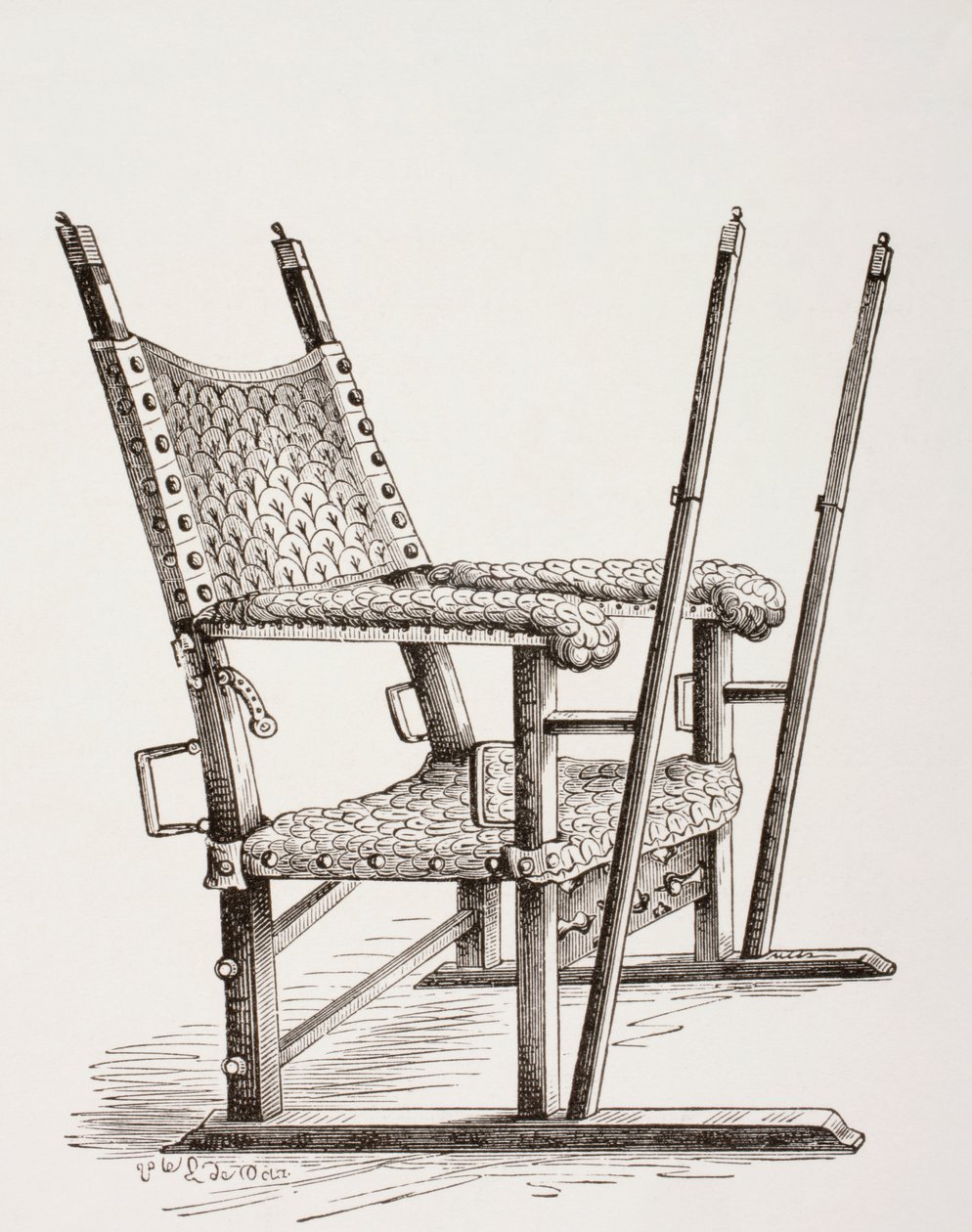 1873年に出版された、Les Arts au Moyen AgeのスペインのCarlos Iが使用したトイレチェア 作： フランス語学校