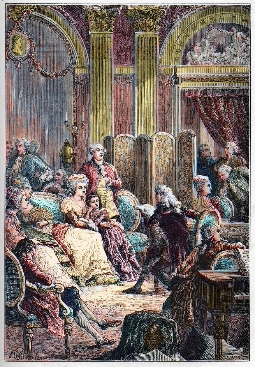 Literarischer Salon - Lesung von „Paul und Virginie“ von Jacques-Henri Bernardin de Saint-Pierre in den Salons von Madame Necker in Paris - neben Mme Necker ihr Ehemann Jacques Necker und ihre Tochter Germaine, später Mme de Stael - Lesung von French School