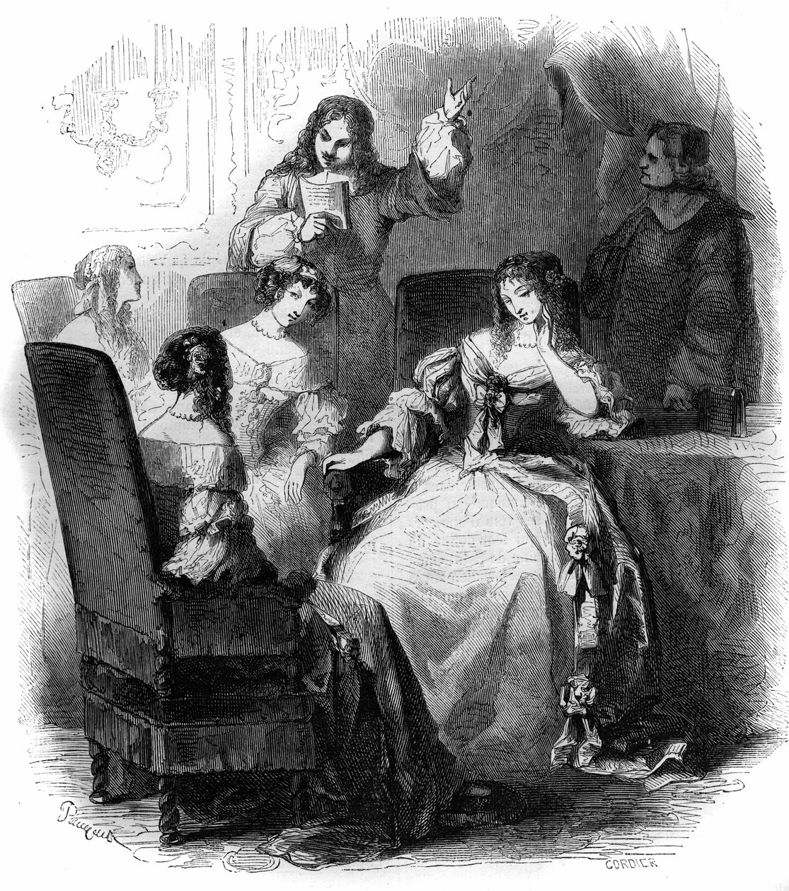 詩人ジャン・ルノー・ド・セグレー（1624-1701）がアンヌ・マリー・ルイーズ・ドルレアン・ド・モンペンシエ（1627-1693）の宮廷で過ごした「戯言の間」。1856年のエングレーヴィング。 作： フランス語学校