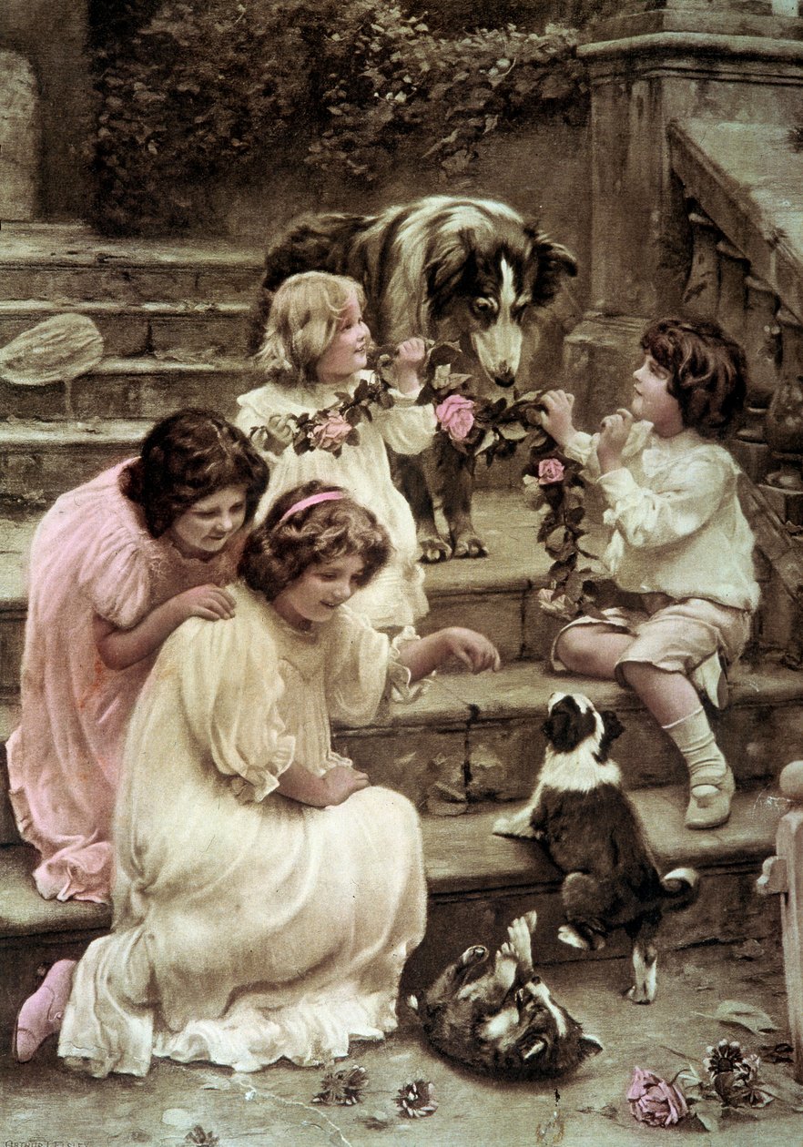 犬と戯れる小さな子供たち 20世紀初頭のコロリーの絵葉書（写真） 作： フランス語学校