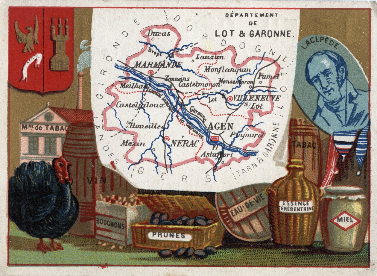 フランス、アキテーヌ地方のロット・エ・ガロンヌ（Lot-et-Garonne, 47）。タバコ工場、七面鳥の飼育、ワイン、コルク、プラム、ブランデー、テルベンタインのガソリン。ベルナール・ジェルマン・エティエンヌ・ド・ラヴィル＝シュル＝イロンの肖像、ラセペード伯爵（またはド・ラ・セペード 作： フランス語学校