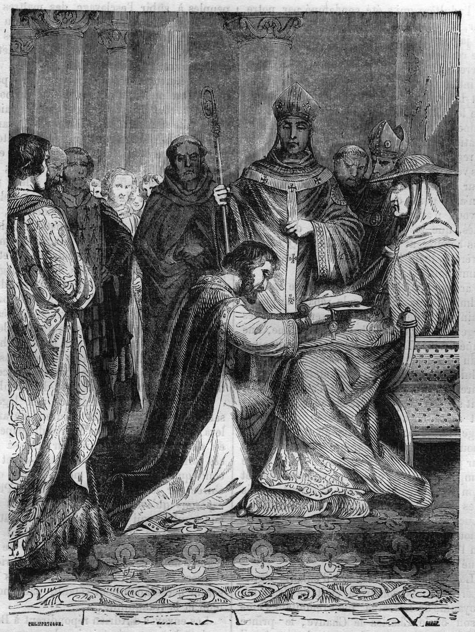 教皇アドリアン2世（792-872）の足元にいるロタリア1世（795-855）。モーリス・ラシャトレ著「Histoire des Papes-Rois-Queen and Empereurs a travers les centuries」に掲載されている図版 作： フランス語学校
