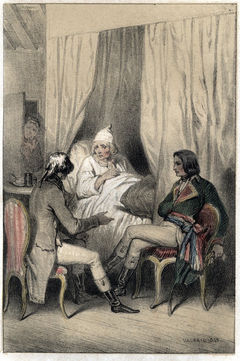 フランスの外交官・行政官であるルイ・アントワーヌ・フォーヴレ・ドゥ・ブーリエンヌ（1769-1834）とナポレオン・ボナパルト将軍（1769-1821）は、病気の老資本家にイタリア遠征のための資金を求めた。プレートは「Scenes de la vie des hommes famous」のエングラヴィからの引用。 作： フランス語学校