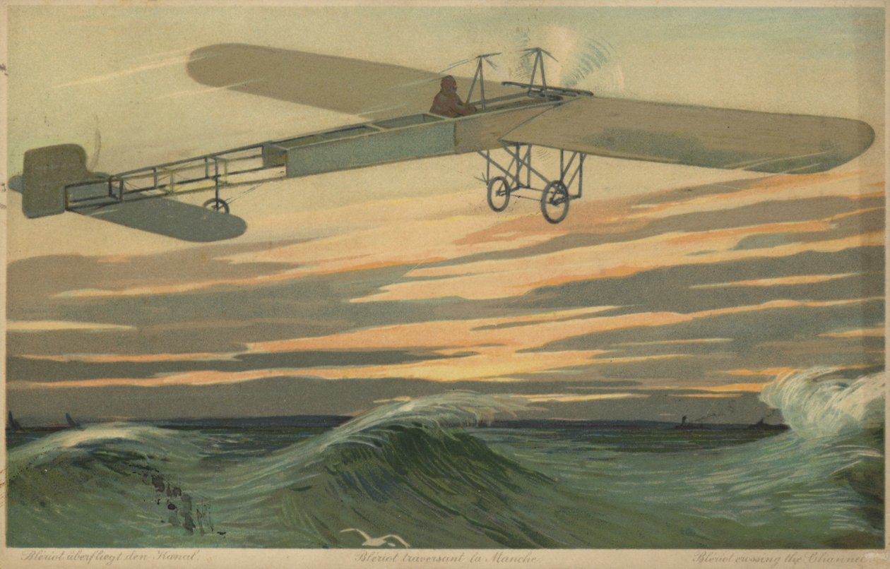 空気より重い飛行機で英仏海峡を初飛行するルイ・ブレリオ、1909年7月25日（カラーリトグラフ） 作： フランス語学校