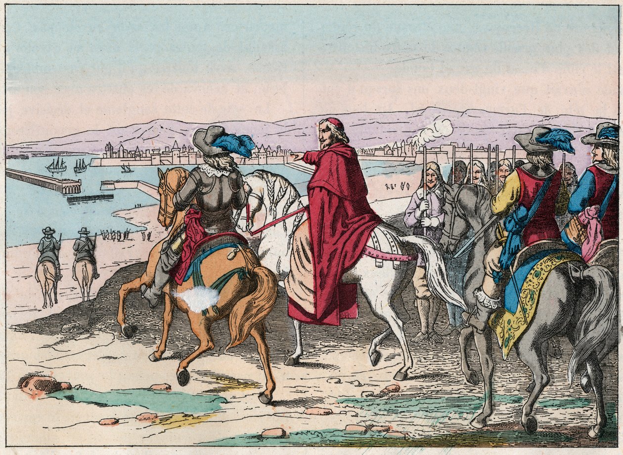 1628年10月、ラ・ロシェルのプロテスタントの武具置き場でのルイ13世（1601-1643）とリシュリュー枢機卿 - 1628年10月、ラ・ロシェルの包囲戦でのリシュリュー枢機卿とルイ13世（1602-43） - 19世紀末のエングレーヴィング 作： フランス語学校