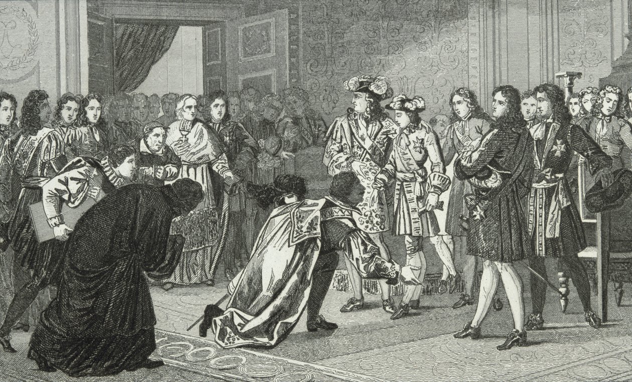 ルイ14世（1638-1715）太陽王は孫のフィリップV（1683-1746）をスペインの使節に贈った。 作： フランス語学校