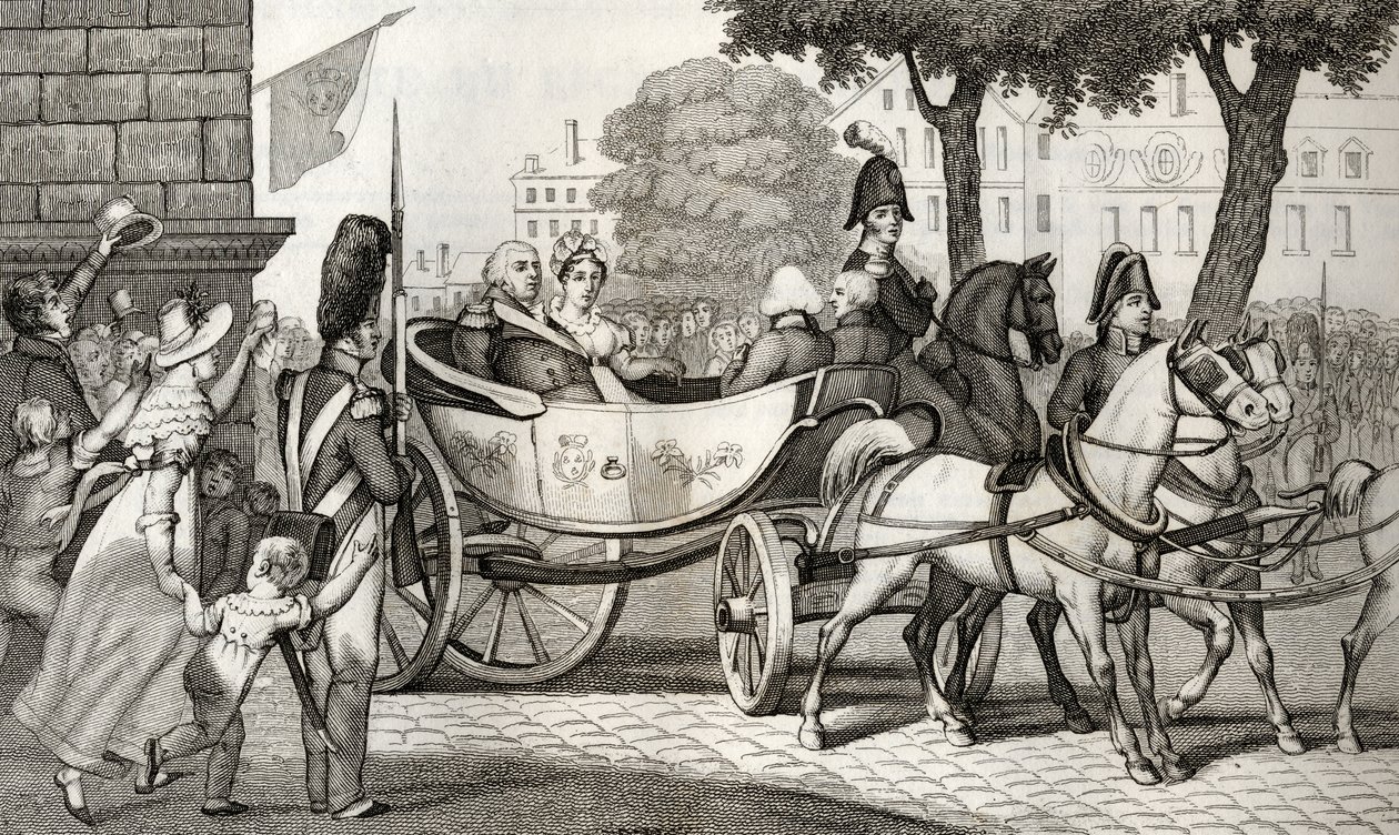 ルイ18世（1755-1824）は1814年の修復で、1840年に出版されたコラートの「フランスの歴史」からパリに入る 作： フランス語学校