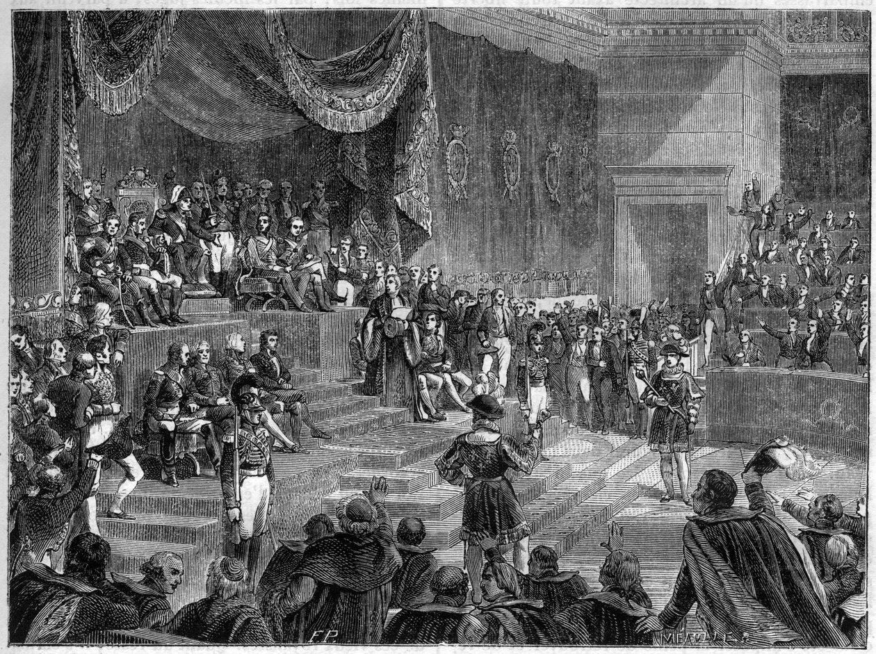 ルイ18世と立憲君主制の確立 - 1814年6月4日の憲法憲章 - 1814年6月4日、パリのブルボン宮でルイ18世が会議の開会を司会 - 「帝国の歴史」の中で 作： フランス語学校