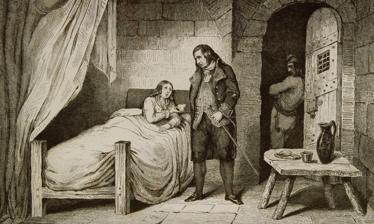 1840年頃に出版された、コラートの「フランスの歴史」からの、ルイ17世（1785-95年）の病気と投獄 作： フランス語学校