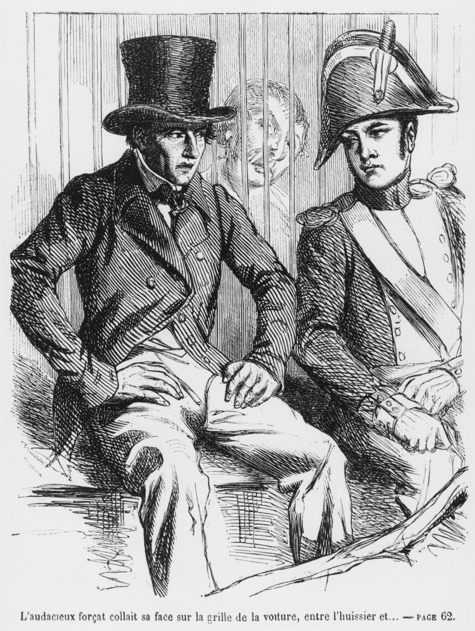 1867年に発表されたルシアン・ド・ルベンプレとヴォトリンが逮捕された、オノレ・ド・バルザックによるスプレンドゥールとミゼレス・デ・クルティサネスのイラスト 作： フランス語学校