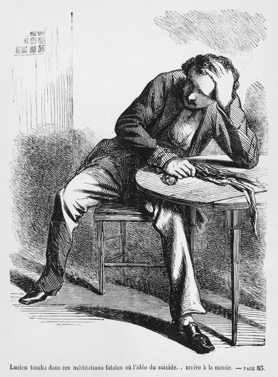 自殺を考えたルシアン・ド・ルベンプレ、1867年に発表されたオノレ・ド・バルザックによるスプレンドゥールとミゼレス・デ・クルティサネスのイラスト 作： フランス語学校