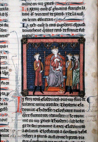 MS.782 チルデリック II (c.650-675)、クロドミール (c.495-524)、そしておそらくテオドリック。 Chroniques de Saint-Denis (ベラム) 作： フランス語学校