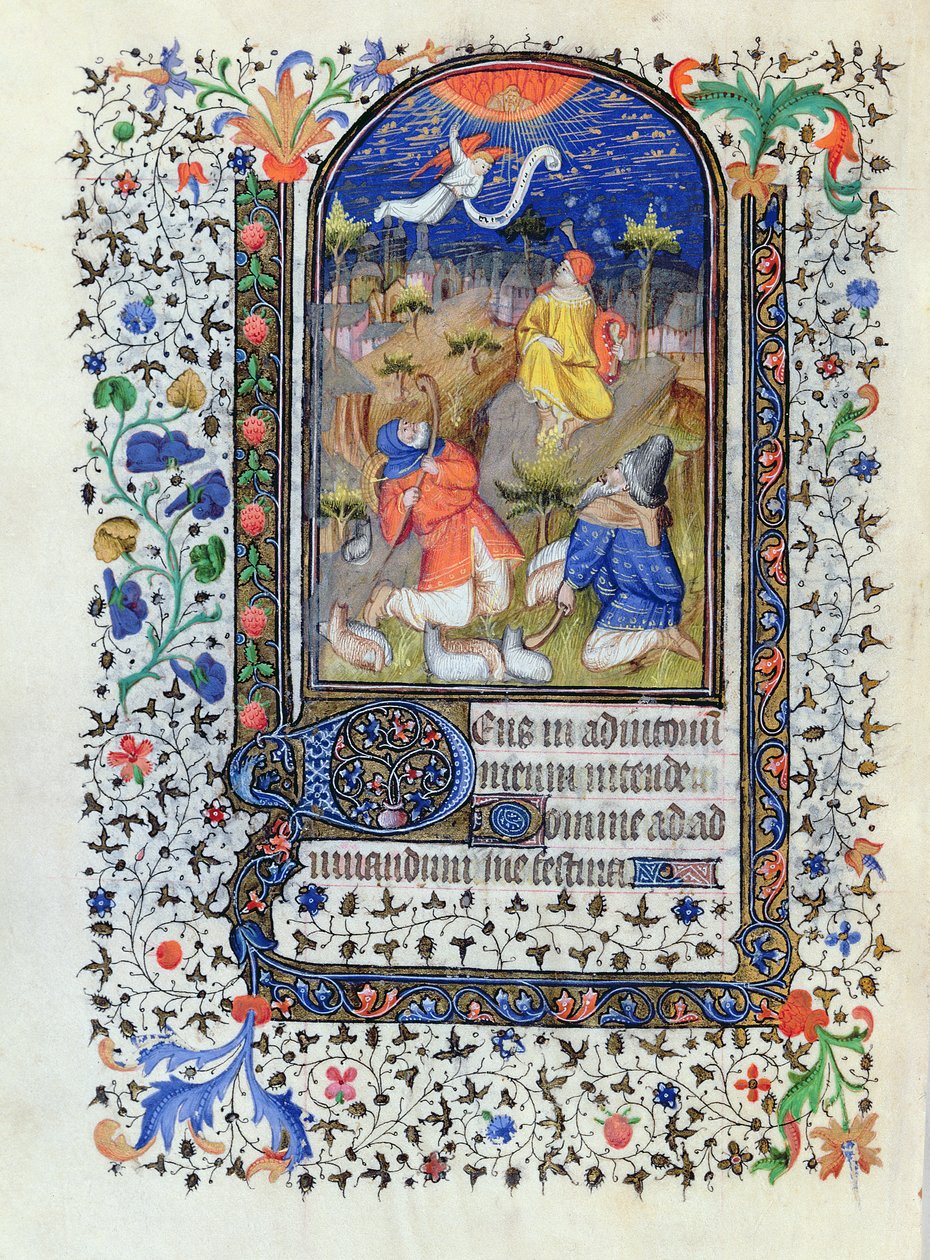 MS 1278 fol.106v羊飼いへの受胎告知、Heuresからトロワの運河、Rohan時間のマスターのスタジオによる、c、1413-20 作： フランス語学校