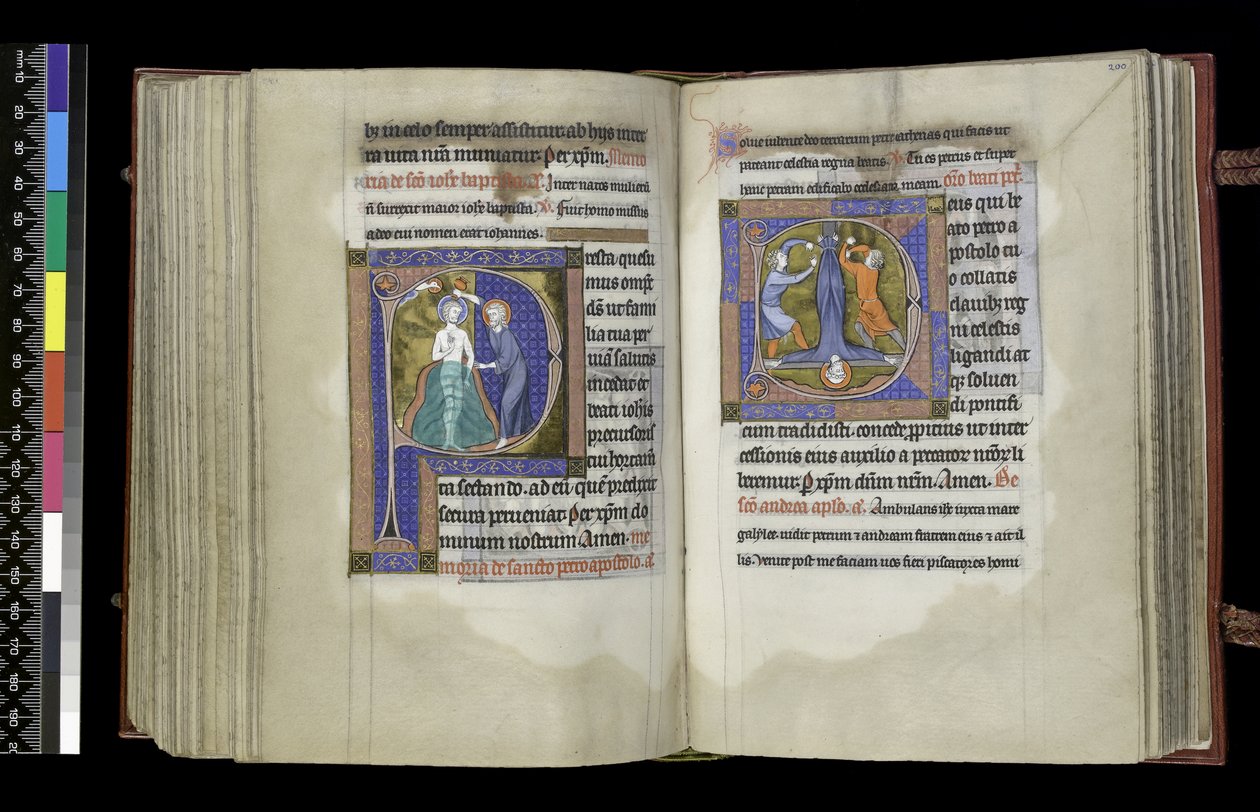MS 300 f.199v-200r『洗礼者聖ヨハネへの参拝と聖ペテロへの参拝』パリ、1265年から70年頃のイザベラ・オブ・フランスの『詩篇と時祷』より（羊皮紙にペンとインク、テンペラ）。 作： フランス語学校