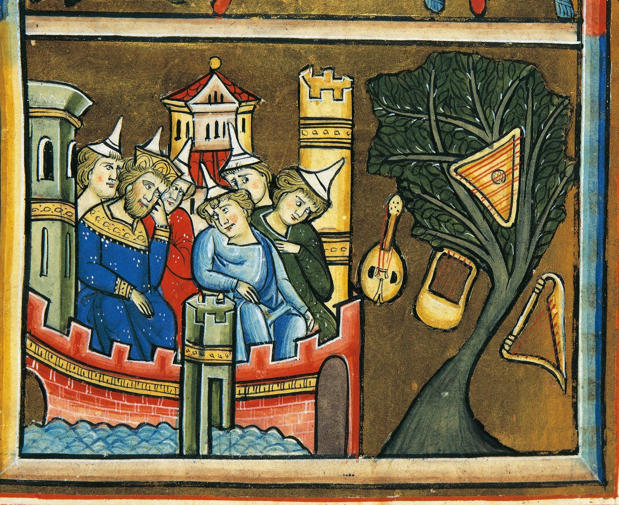 MS CXXXVII fol.139v 「バビロンで喪に服すユダヤ人、聖エリザベスの詩篇より」（ヴェルムにテンペラと金箔 作： フランス語学校