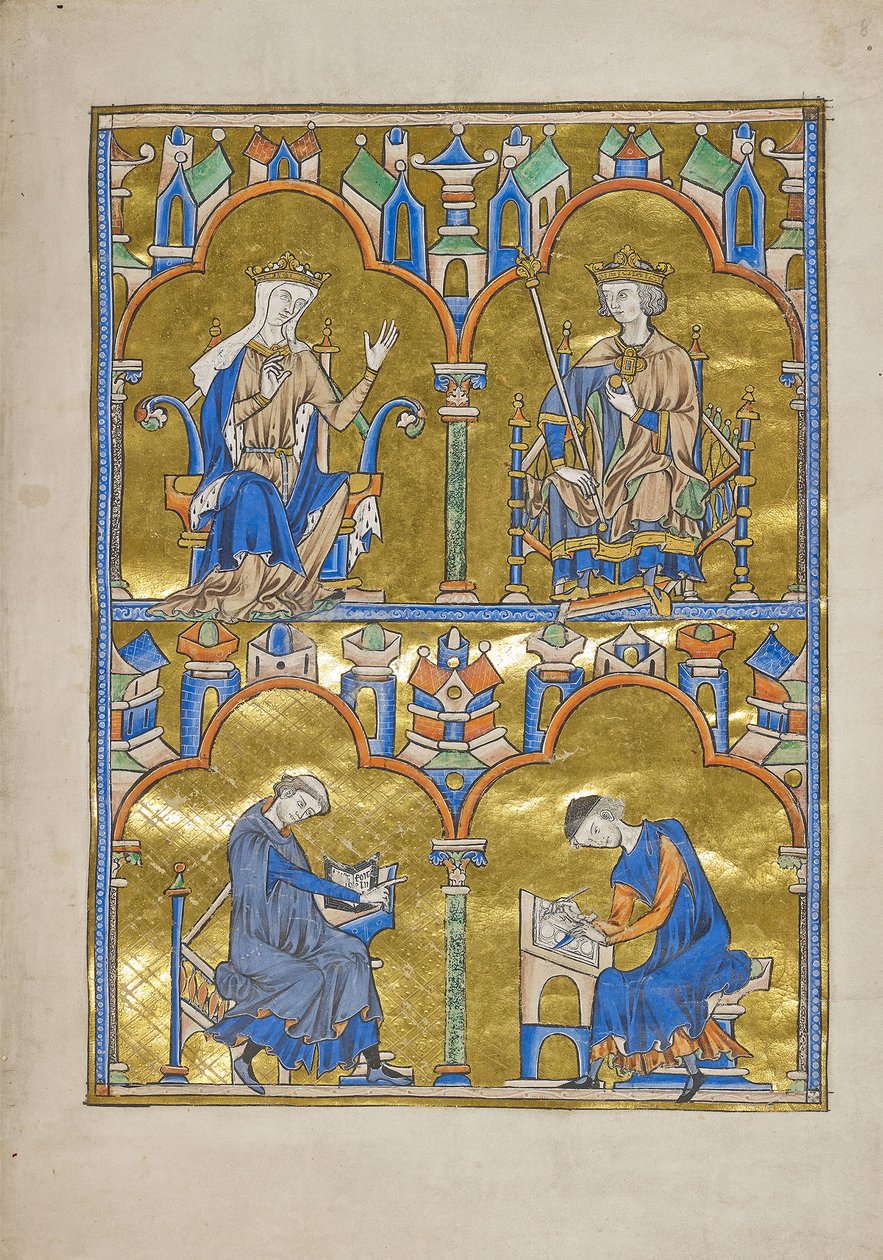 MS M.240 f.8r、カスティーリャのブランシュとフランスのルイ9世以下：書記に口述する著者、聖ルイの聖書（道徳化された聖書）、おそらくパリ 作： フランス語学校