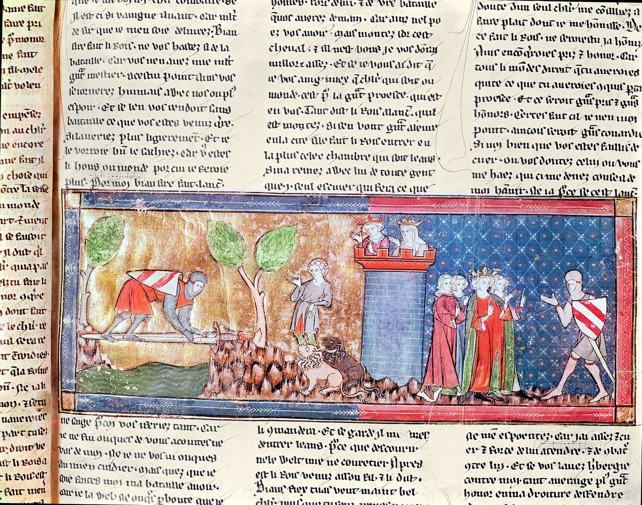M. 806 f.166ランスロットは、1344年にロマンドランスロットデュラックから出された鋭い剣で橋を架けられた川を渡ることによって、ギネヴィアへの愛情を証明しています。 作： フランス語学校