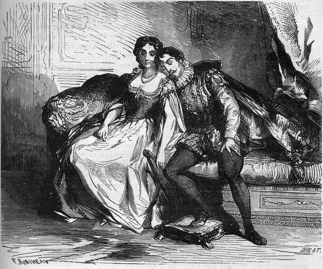 カトリーヌ・ド・メディシス王妃の代理を務めたマダム・ド・ソーヴは、ナバラ王アンリ（1553-1610）を誘惑した。古代から現代までの世界のあらゆる民族における売春と放蕩の歴史」に掲載されている版画で、Dr. Th.-F.Debrayによる「古代から現代までの世界のすべての民族における売春と放蕩の歴史」の版画。1879. 作： フランス語学校