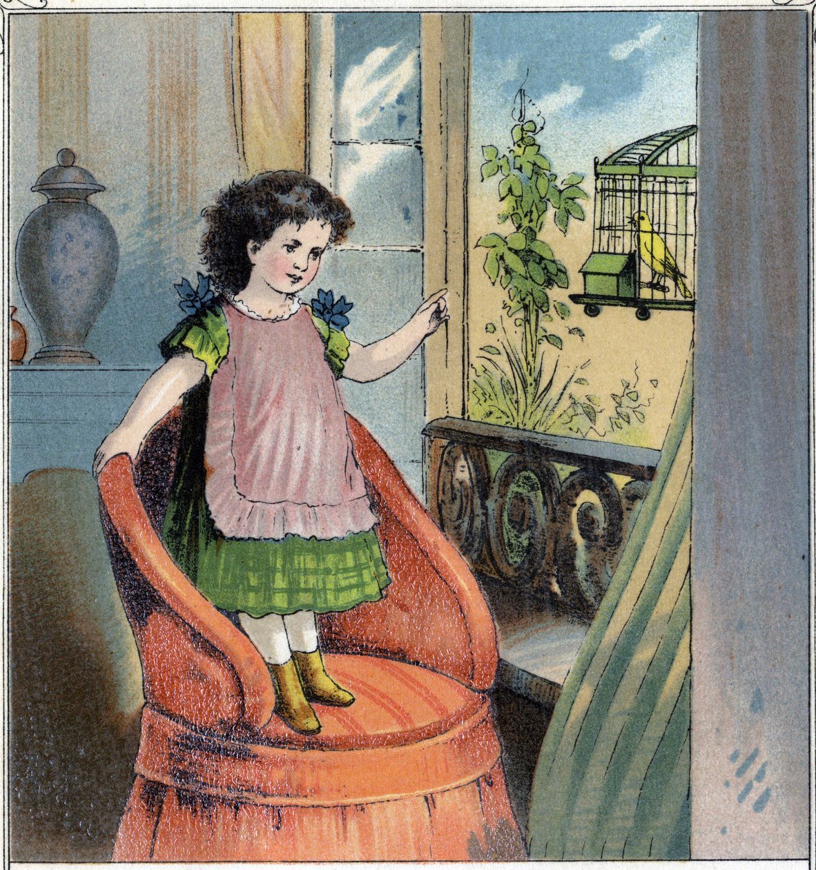 Madeleine, das kleine Mädchen, erhielt einen Kanarienvogel zu ihrem Geburtstag: dieser ist in einem Käfig und trotz der Zuneigung des Kindes bedauert er seine Freiheit und fühlt sich wie ein Gefangener. Chromolithographie aus „Kindheitsszenen“. Edition Gue von French School