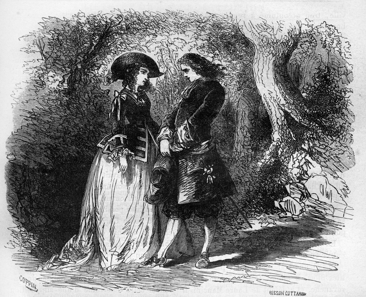 1653年頃、マドモアゼル・ドゥ・ポンは若い恋人マリコーネと出会った。古代から現代までの世界のあらゆる民族における売春と放蕩の歴史」に掲載されている版画で、Th.-F.Debrayによる「古代から現代までの世界のあらゆる民族における売春と放蕩の歴史」に掲載されている。1879. 作： フランス語学校