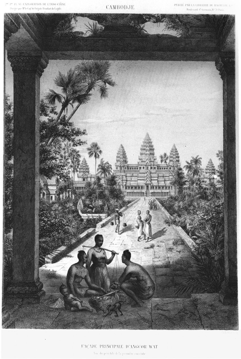アンコールワットのメインファサード、インドシナのアトラスデュヴォヤージュ探検からのイラスト、Doudart de Lagreeによる1866-68、発行された1873年、パリ、アシェット 作： フランス語学校