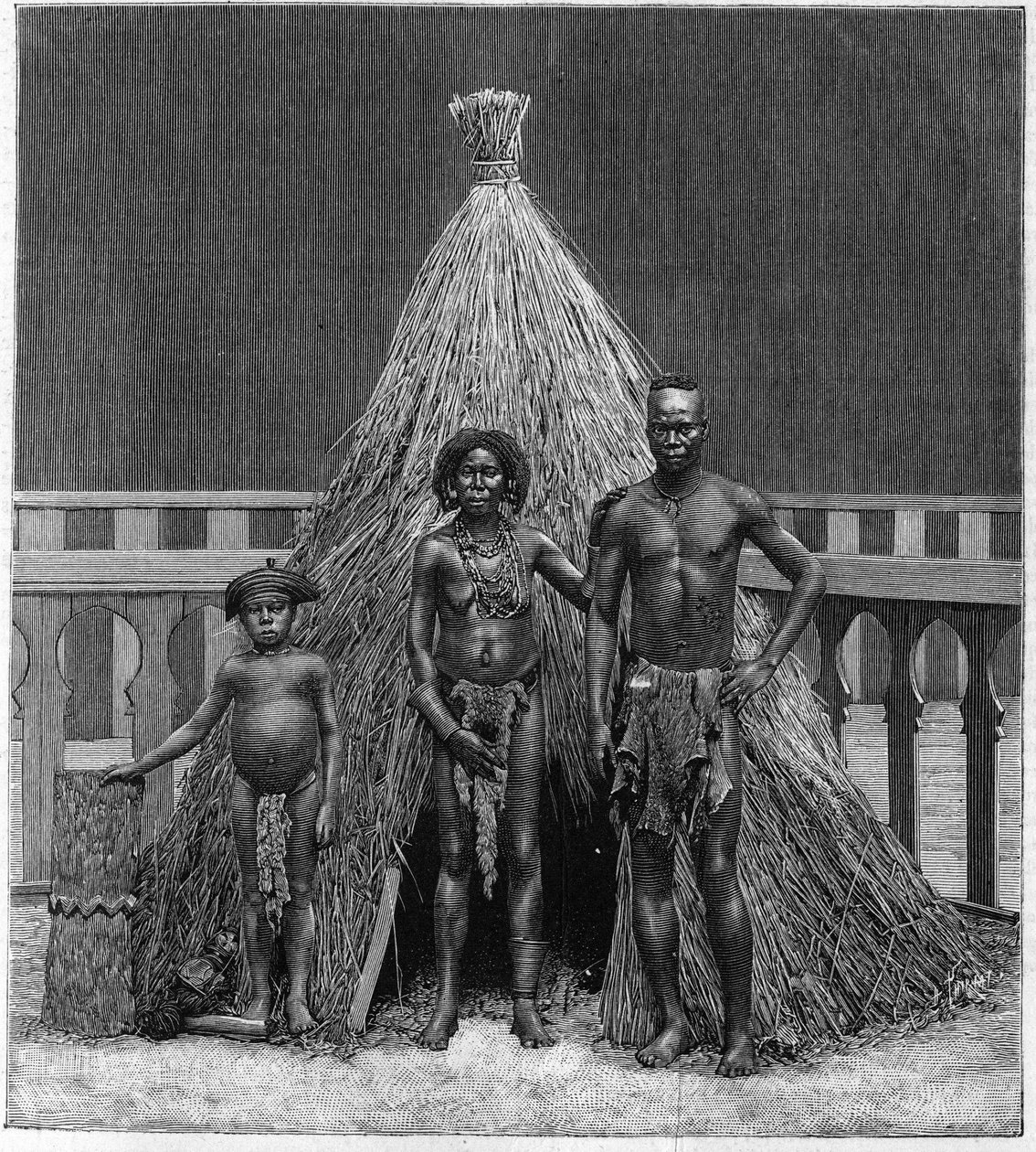 抽象画 人間と動物 モノクロ 1889年のパリ万博に出展されたアンゴラ一座の男、女、子供（人間動物園）。