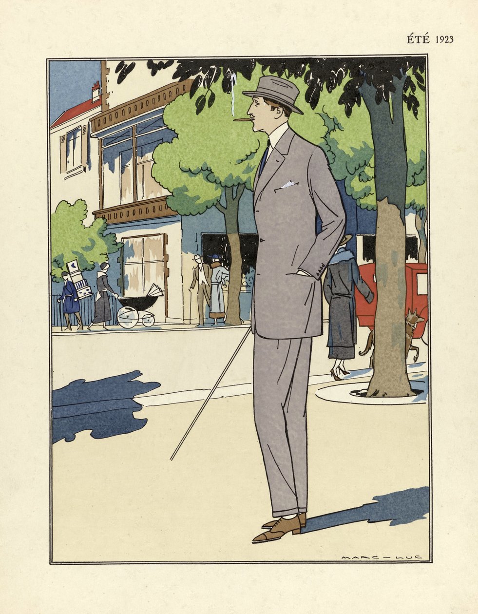 マルク＝リュック作「マン・スーツ」、出版。1923年（ポショワール版画） 作： フランス語学校