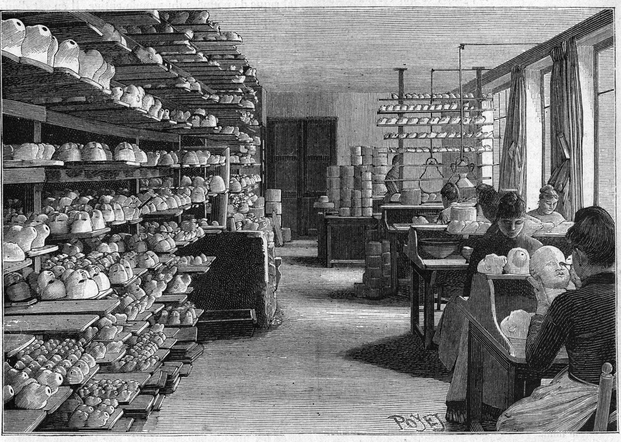 1888年のモントルイユ人形の製造。調理前の人形の頭を乾燥させたり、目をデコパージュするための部屋。 作： フランス語学校