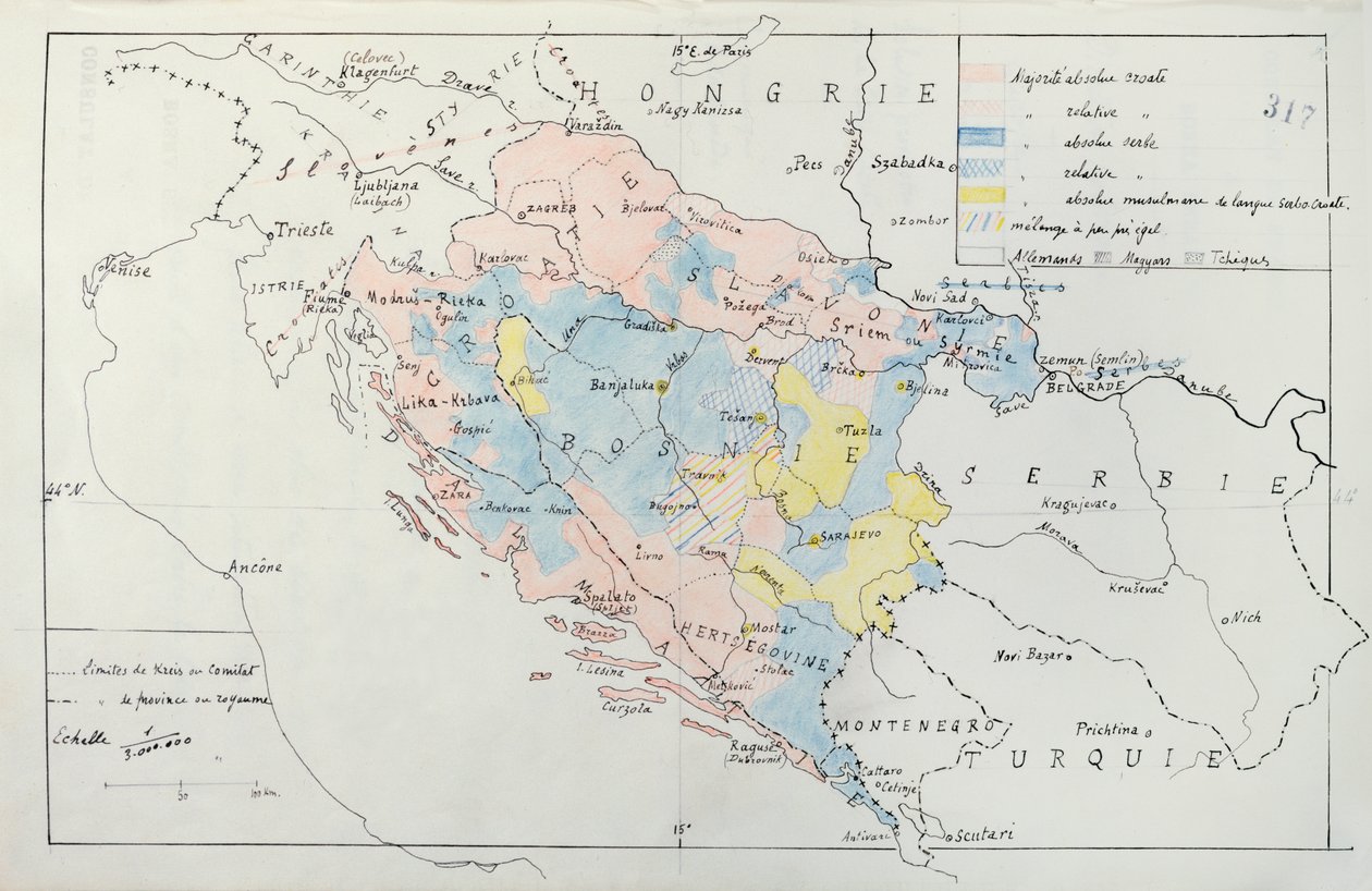 少数民族グループが占める地域の詳細を含むボスニアの地図、1910年（ペン、インク、トイレ） 作： フランス語学校
