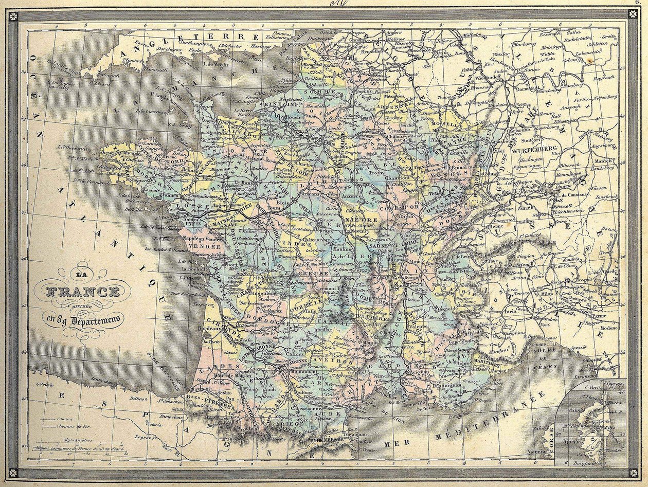 フランスの地図 - 1851年頃、ヴュイルマンの「Atlas universel」に掲載されたもの。 作： フランス語学校