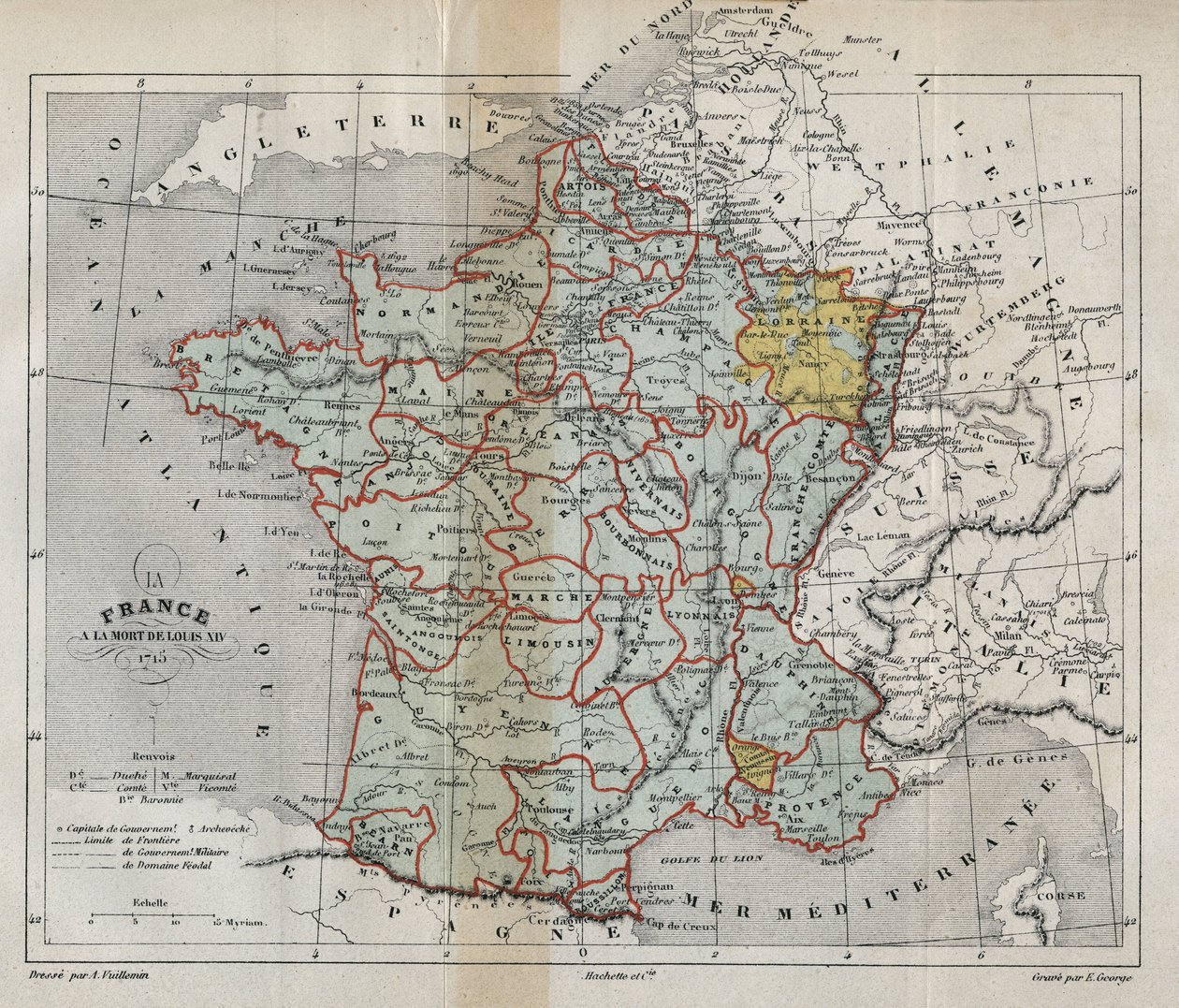 1715年のルイ14世の死去時におけるフランスの地図。ヴィクトル