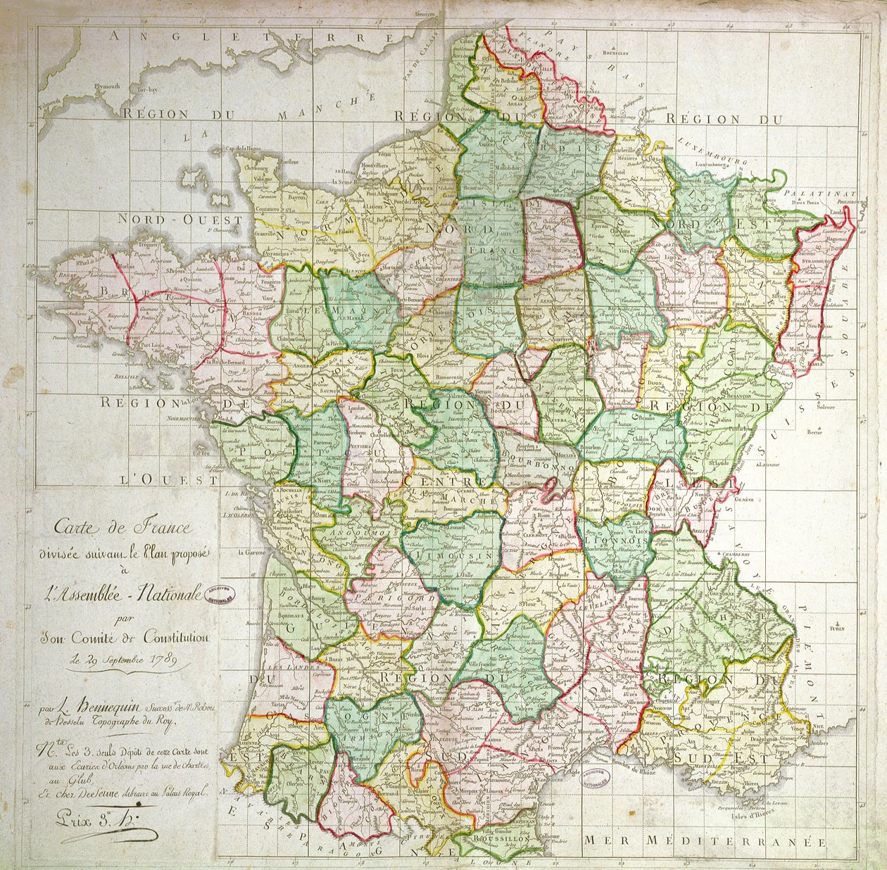 1789年に部門を分割する計画を示すフランスの地図（カラーリソ＆インク） 作： フランス語学校