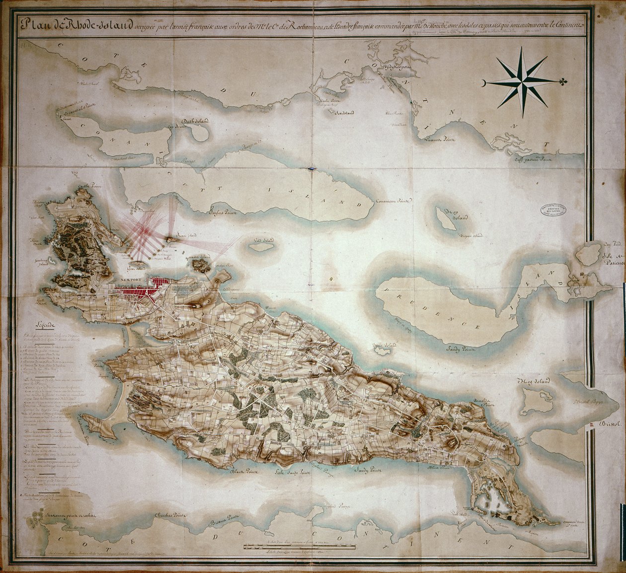 ジャンバプティストドゥヴィムール（1725-1807）の命令に基づくフランス軍による1780-81の占領時のロードアイランドの地図ロシャンボー伯爵 作： フランス語学校
