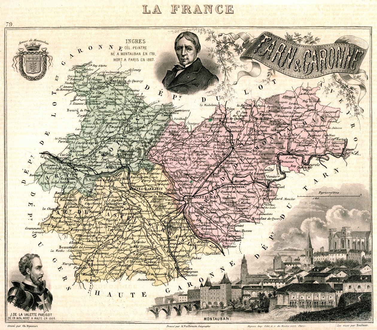 モントーバンの景色とイングレスとジャン・パリゾ・ド・ラ・ヴァレットの肖像画を含むタルネ・ガロンヌの地図（カラー・リソ） 作： フランス語学校