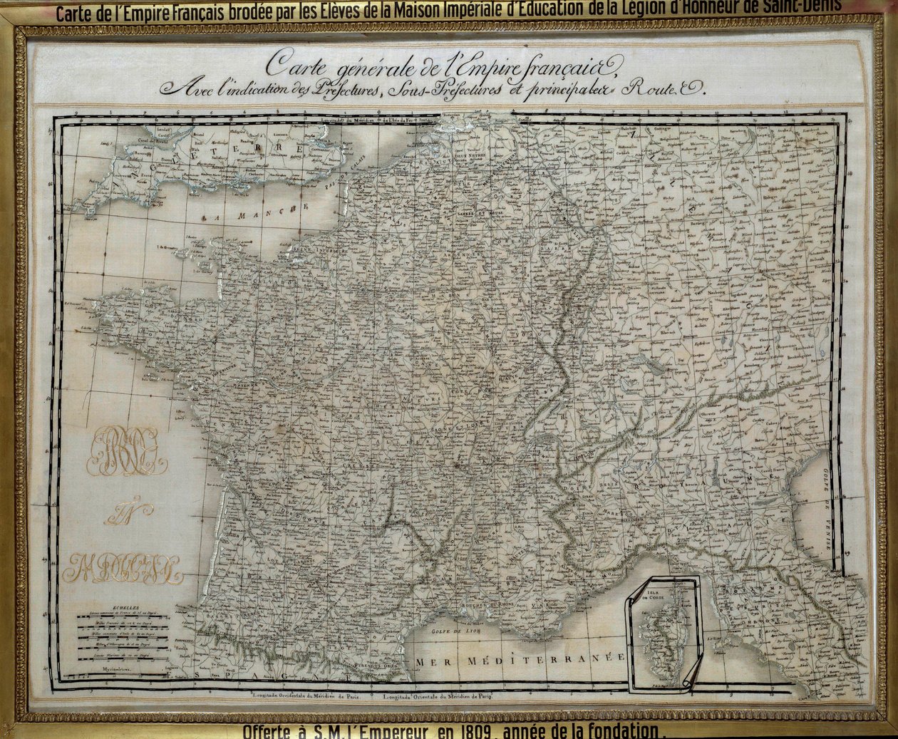 フランス帝国（第一帝政期）の地図。サン・ドニのレジオン・ドヌール勲章の皇室の生徒たちによって刺繍された。1809年の刺繍絵。エクス島、ナポレオン博物館 作： フランス語学校