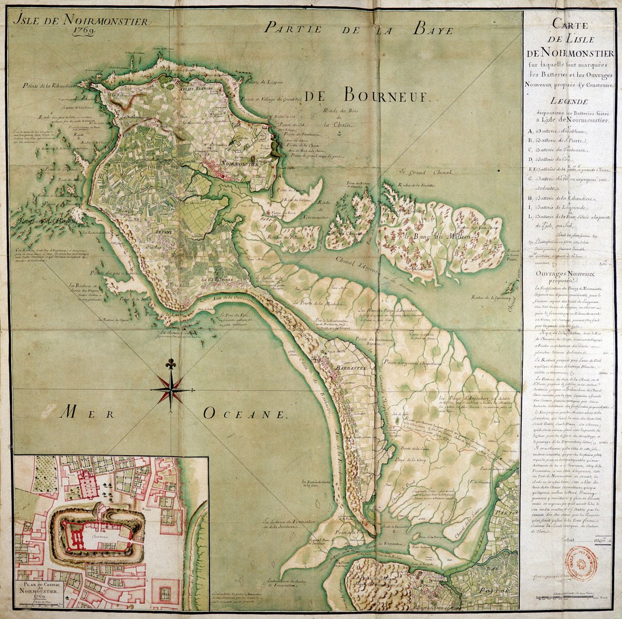 1769年に作成されたノワールムーティエ島の地図と、城の地図。 作： フランス語学校