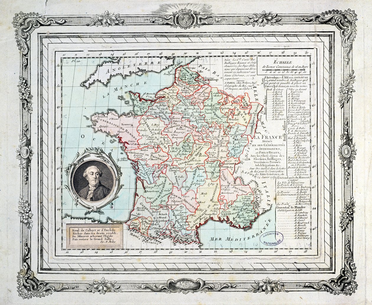 1789年にカルトドネッカーとして知られるフランスの地域と地区の地図 作： フランス語学校