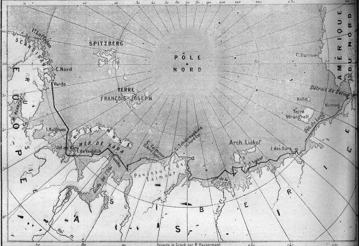 Karte der Reise der „Vega“ gezeichnet vom Entdecker Nils Adolf Erik Baron Nordenskjöld (1832-1901). Gravur in „Le Monde Illustré“ von French School