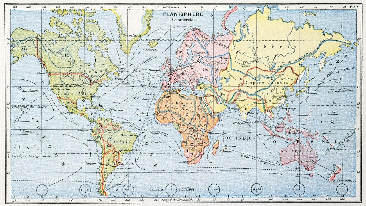 1912年の主要な世界貿易輸送ルートを示す地図 作： フランス語学校