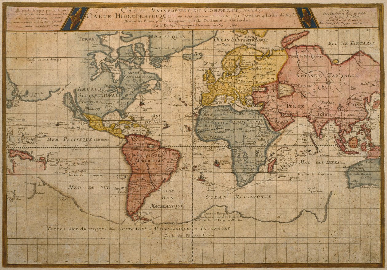1686年にパリで発行されたピエールデュヴァル（1619-83）による地図、世界の貿易輸送ルートを示す地図（カラー彫刻） 作： フランス語学校