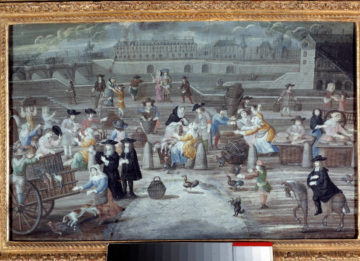 1660年、パリのグラン・オーギュスタン広場で開催された「家禽とパンのマルシェ」。 匿名のフランス絵画 作： フランス語学校