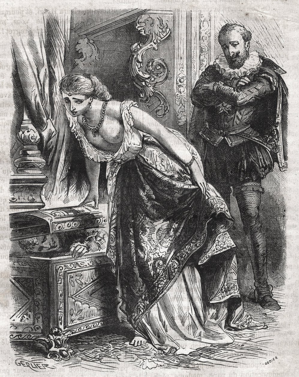 Marguerite de Valois (1553-1615), bekannt als Königin Margot, versteckt ihren Liebhaber Julien de Leris in einem Safe. Ihr Ehemann, König Heinrich IV. von Frankreich (1553-1610), beobachtet die Szene amüsiert. 16. Jahrhundert. Gravur von 1871 in „Histoire  von French School