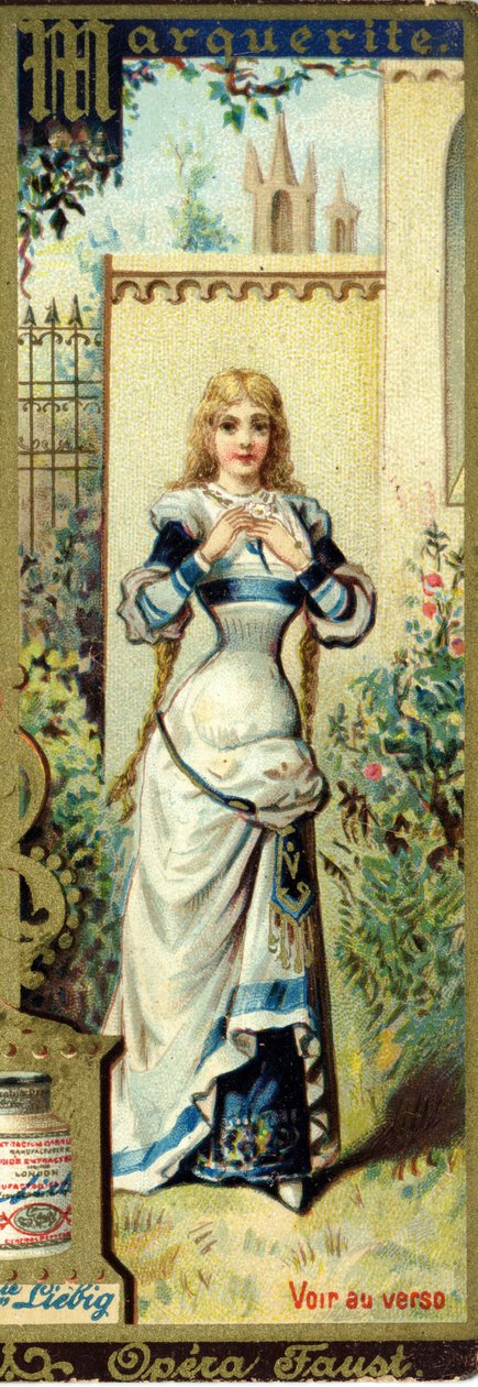 Marguerite in der Oper Faust von Charles Gounod, uraufgeführt 1859, nach dem Stück von Johann Wolfgang von Goethe. Alphabet der Frauennamen zum Thema: weibliche Kostüme und Opern. Liebig-Werbechromolithographie von French School