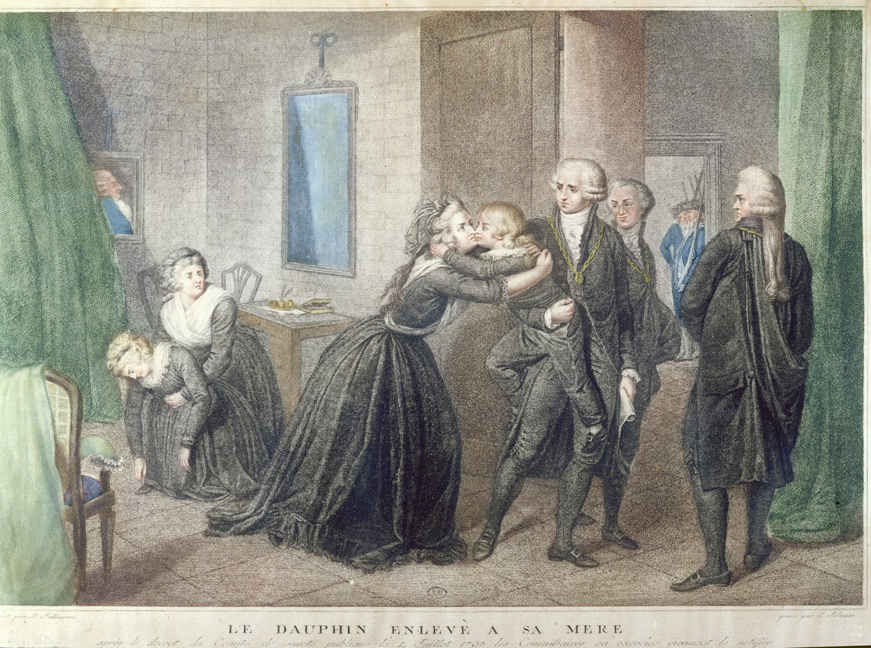 マリーアントワネット（1755-1793年）は、彼女の息子、ルイシャルルドブルボン（1785〜1795年）に、1793年7月3日、寺院で別れを告げる（カラー彫刻） 作： フランス語学校