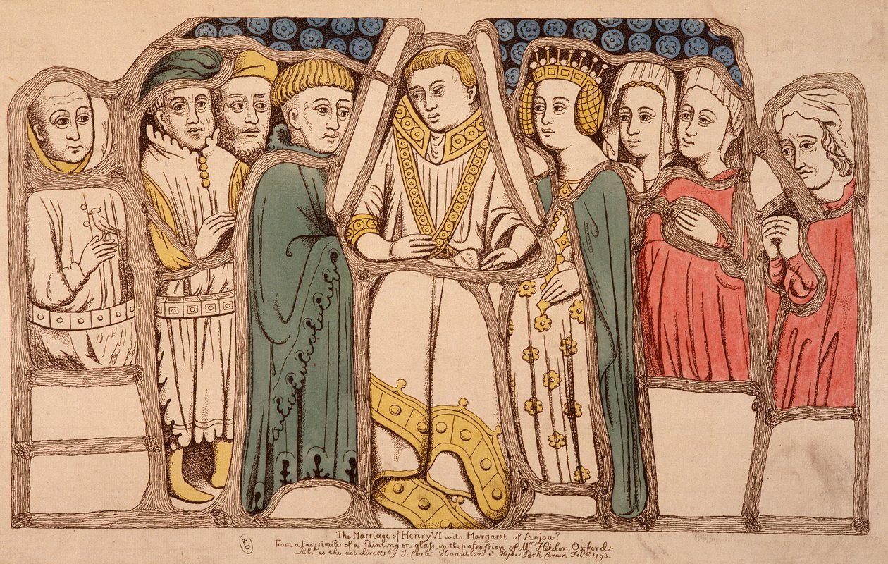1445年、イングランドのヘンリー6世（1421年～1471年）とアンジュー家のマルガリータ（1429年～1482年）の結婚。1793年に描かれたもの。パリのアール・デコ美術館の所蔵品。 作： フランス語学校