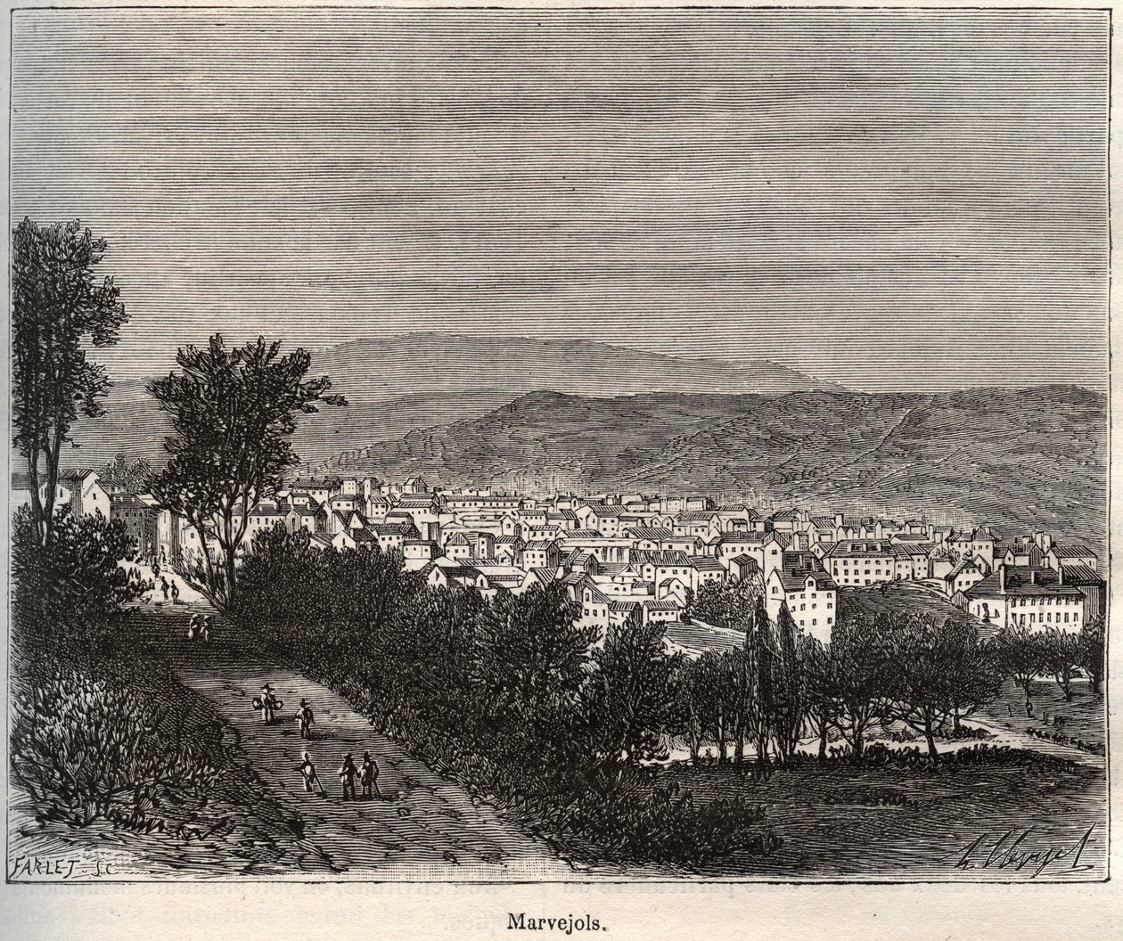 Marvejols - Lozere - Languedoc-Roussillon - V.-A. Malt-Brown著 "La France illustree: Geographie, histoire, Administration Statistique "に掲載された彫刻。 作： フランス語学校
